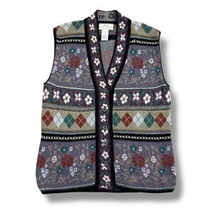 Vintage Via Spina Wool Mohair Floral Argyle Sweater Vest Women’s Large Cottage